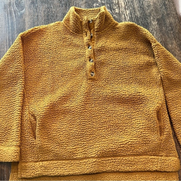 Aerie Teddy Sherpa Fleece Pullover with Buttons Brown Gold Cozy Size XS - Picture 3 of 5